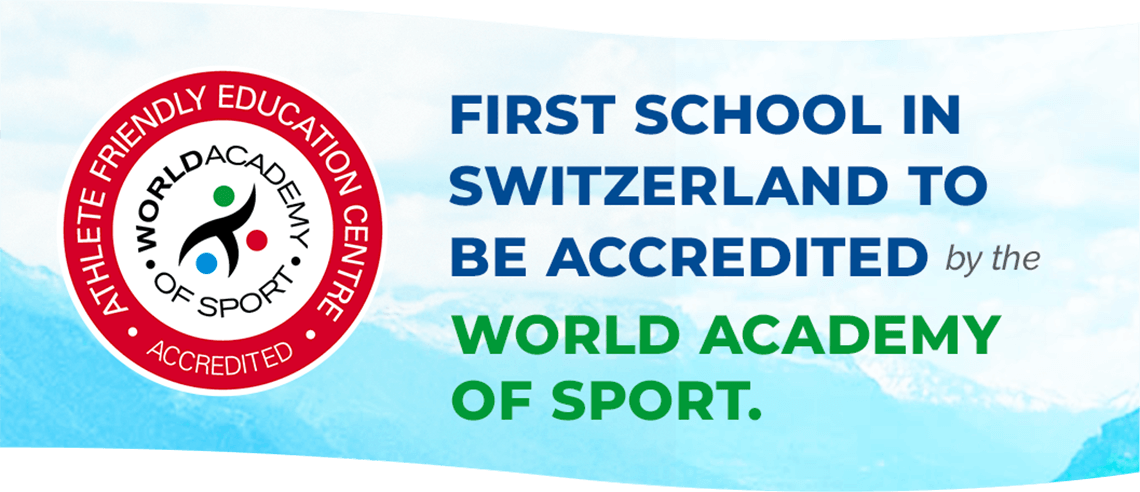text reads: first school in switzerland to be accredited by the world academy of sport